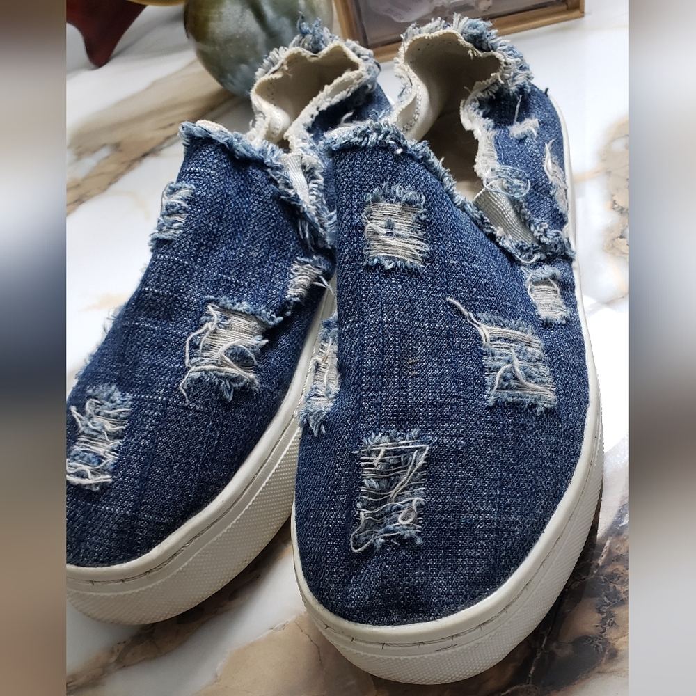 Sam Edelman Lacey Blue Denim Jeans Distressed Slip On Platform Shoes Size 6m - Picture 2 of 10